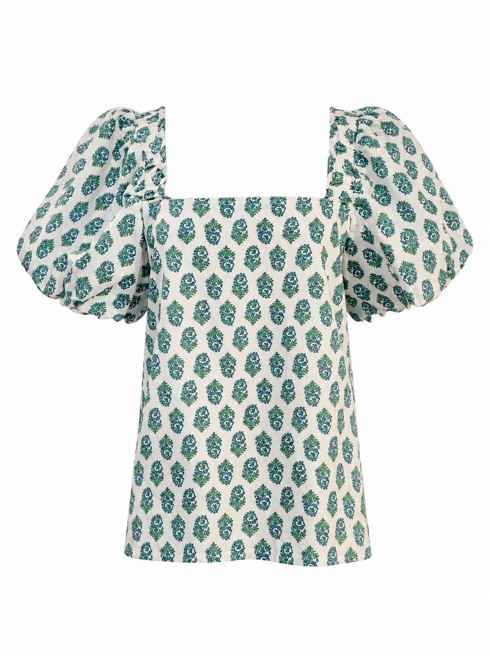 Square-Neck Puff Sleeve Top in Blue and Green - Picture 2 of 4
